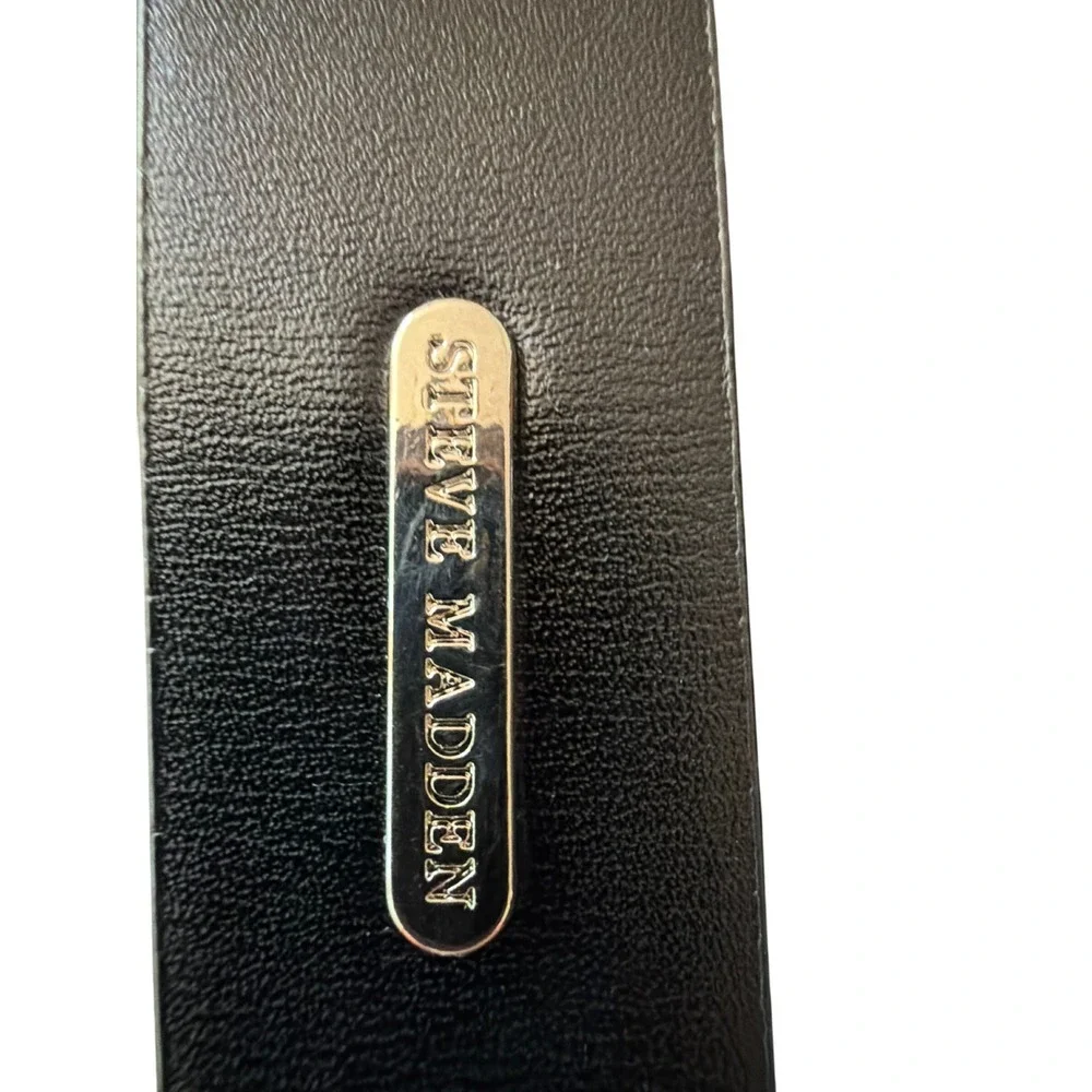 Steve Madden Belt Black Crystal Baguette Buckle Silver Logo Plaque Large